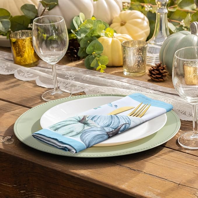 12 Pcs Fall Cloth Napkin 20 x 20 Inch Blue Pumpkin Cloth Napkins Thanksgiving Autumn Harvest Pumpkin Buffalo Plaid Party Dinner Washable Decoration