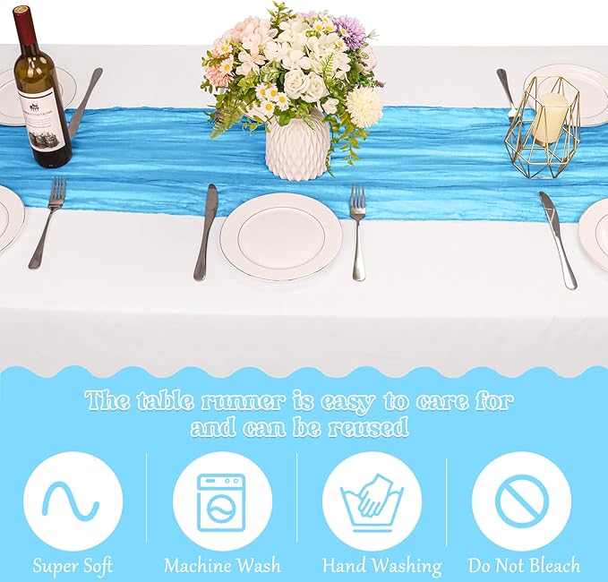 10 Pack Cheesecloth Table Runner 6FT Boho Gauze Rustic Fabric Table Runner Vintage Sheer Tablecloth for Wedding Party Bridal Baby Shower Decorations (Light Blue)
