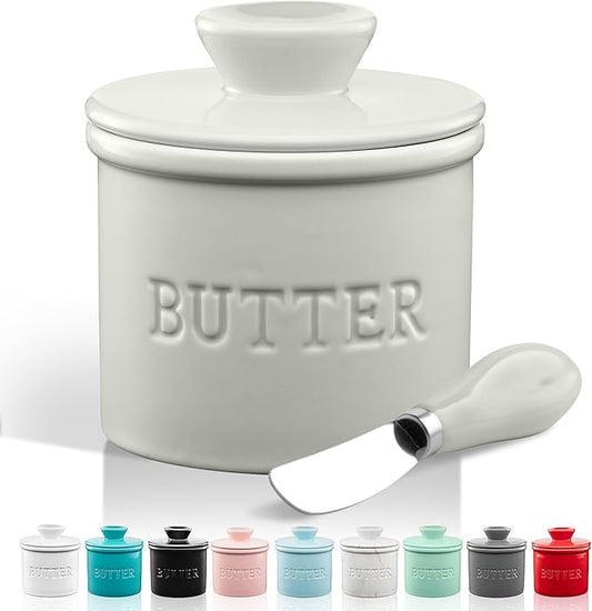 Zulay Kitchen Bell Shaped Butter Crock with Lid for Countertop with Water Line & Spreader Knife, Ceramic French Butter Dish Keeper For Fresh, Soft & Spreadable Butter - Light Gray