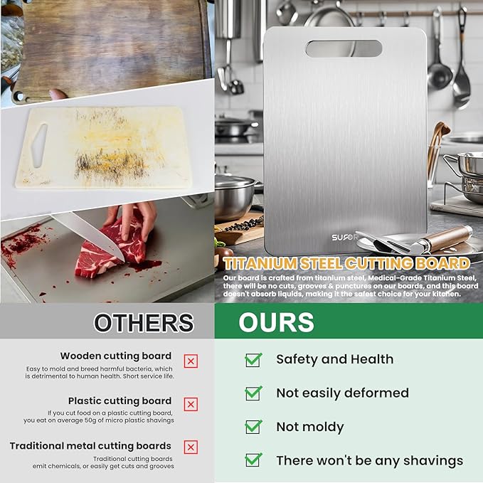 2 Pack Titanium Cutting Board, 100% Pure Titanium Cutting Boards For Kitchen, Non-Slip Chopping Board, Dishwasher Safe, Easy to Clean, Durable & Hygienic for Meat, Vegetables, Fruits (15 * 11)