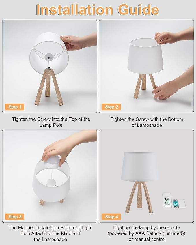 UMEXUS Cordless Table Lamp, Rechargeable Battery Powered, Timer & Dimmer & Remote Control & Color-Changing, Fabric White Shade, Small Tripod Lighting Patio Bedroom Living Room Home Office