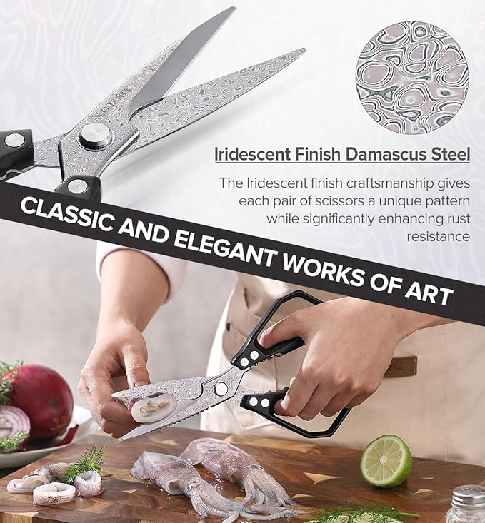 XINZUO Multi-Purpose Kitchen Shear,119 Layers Damascus Steel Heavy Duty Kitchen Scissors(Food-Grade Lridescent Finish), For Meat/Herbs/Poultry,With Black Aluminum Alloy Handle