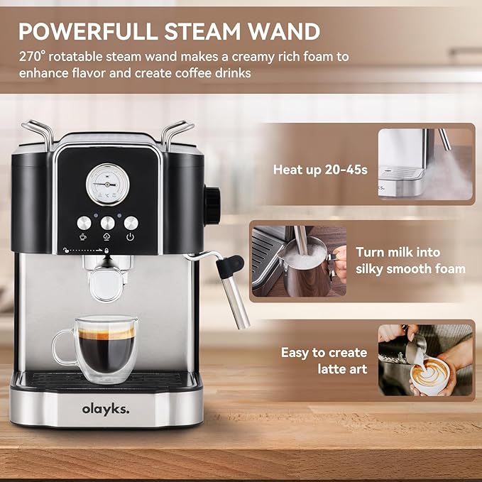 Olayks Espresso Machine 20 Bar, Professtional Espresso Coffee Maker with Milk Frother Steam Wand for Latte, Cappuccino, Espresso Maker with 1.8L Removable Water Tank, Gift for Dad or Mom