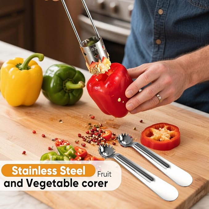 Red Bell Pepper Seed Corer - Fruit Vegetable Stem Remover for Pepper Pineapple Pear Apple Tomato, 304 Stainless Steel Rust Resistant, Easy to Use & Clean Kitchen Gadgets Tool (1 Set)