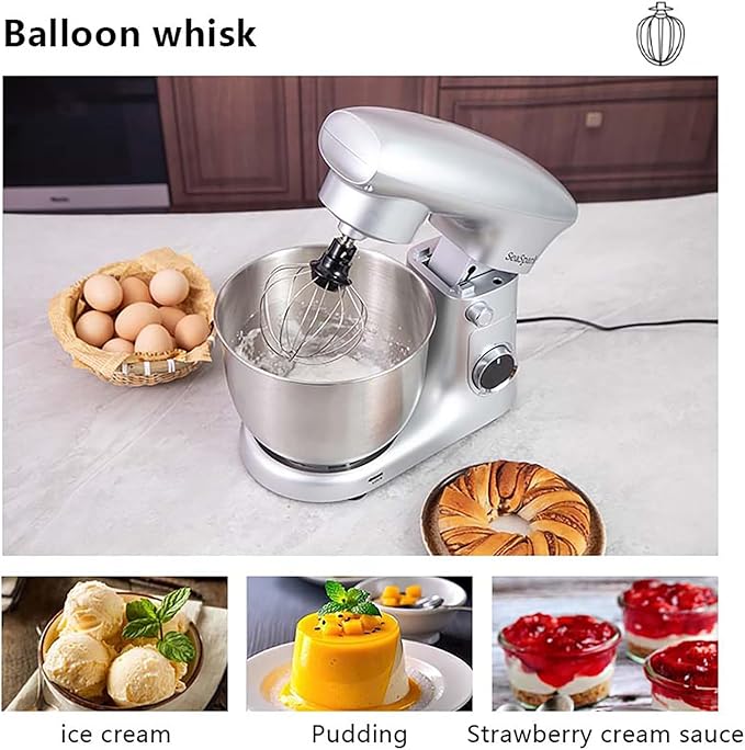 SeaSpark Stand Mixer, 3 in 1 Stand Mixer, 5.5Qt Electric Mixer, Mixer with Stainless Dough Hook, Wire Whip & Beater, Food Mixer for Baking, Cake and Most Home Cooks, Silver