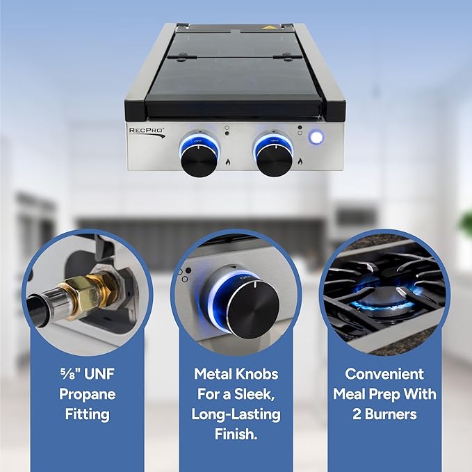 RecPro RV Built In Gas Cooktop | 2 Burner or 3 Burner | RV Cooktop Stove | 6,500 and 8,000 BTU Burners | Cover Included (Stainless Steel, 2-Burner)