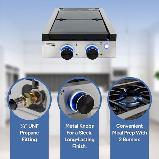 RecPro RV Built In Gas Cooktop | 2 Burner or 3 Burner | RV Cooktop Stove | 6,500 and 8,000 BTU Burners | Cover Included (Stainless Steel, 2-Burner)
