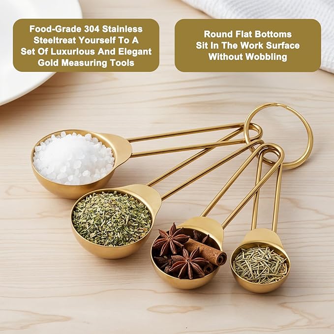 8 Pcs Gold Measuring Cups and Spoons Set 304 Stainless Steel Measuring Spoons Gold with Handles Golden Stackable Kitchen Measure Cups Set For Liquid Dry Ingredient Kitchen Baking Cooking