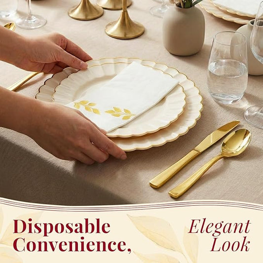By Madee HIGH END 175 Pc Ivory Scalloped Plastic Plates with Gold Trim | Fancy Disposable Dinnerware Set | Nice Disposable Plates and Cutlery Set w/Cloth Like Napkins for Weddings & Party (25 Guests)
