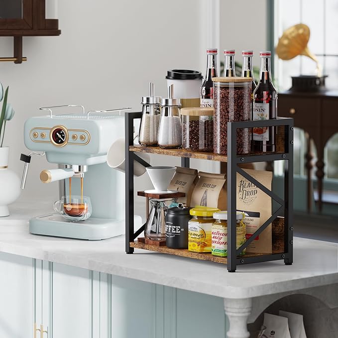 2 Tier Kitchen Counter Shelf Organizer, Coffee Bar Station Organizer for Countertop，Space Saving Spice Rack, Desk Shelf Riser, Coffee Bar Accessories(Rustic Brown, Medium) | Organizer, Coffee Bar Station, Space Saving, Spice Rack, Desk Shelf Riser