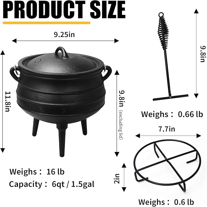 Mabeeze Cast Iron Potjie Cauldron, 6 Qt, 3-Legged Dutch Oven Pot with Lid - includes Lid Lifter and Holder - Pre-Seasoned - for Outdoor Cooking
