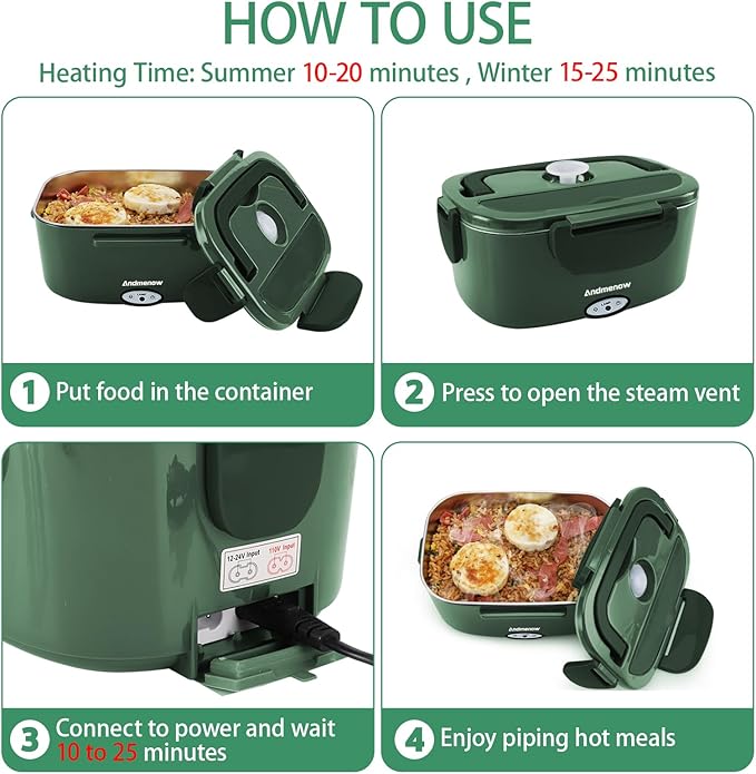 Electric Lunch Box 80W Food Heater with Dual Container, Portable Lunch Warmer for Adults, Upgraded Heated Lunch Box for Car/Truck/Office,110/24/12V 1.5L Green