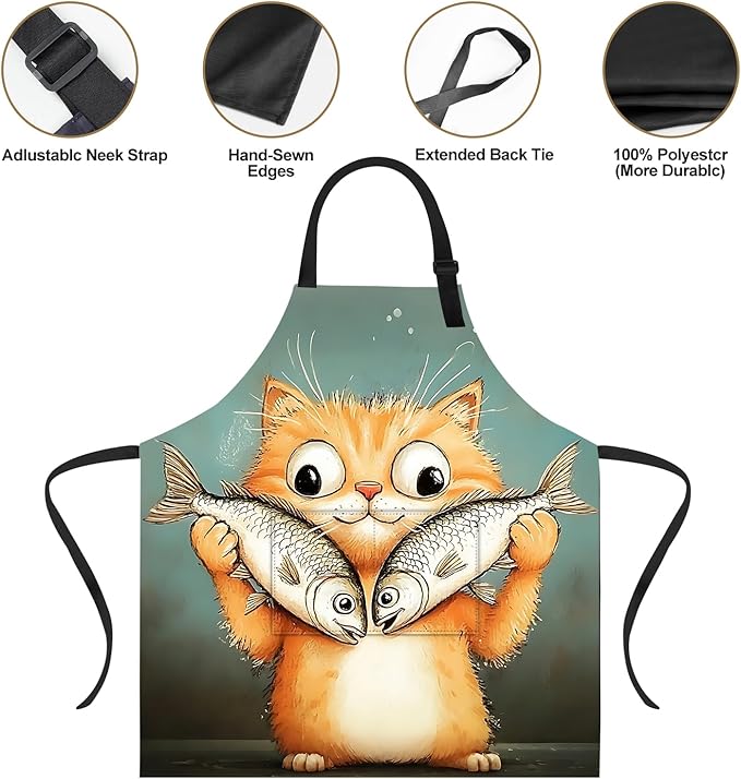 Funny Cat Apron with 2 Pockets Waterproof for Men Women Kitchen Garden Decor