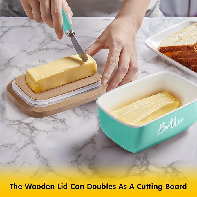ALELION Turquoise Butter Dish with Lid and Knife for Countertop, Ceramic Butter Container with Beech Wood Lid, Airtight Butter Keeper for Counter or Fridge, for Teal Kitchen Decor and Accessories