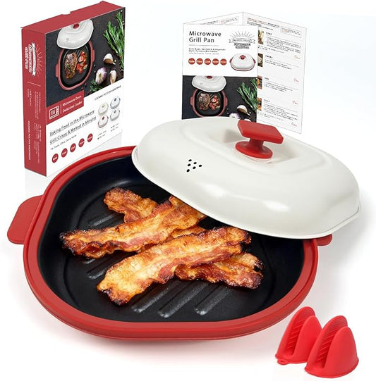 Microwave Grill Pan with Cover, Microwave Cookware Multi-Use for Grilling, Frying, Browning and Crisping, Microwave Bacon Cooker Tray, Microwave Griller with Cover Safe and Easy to Clean (Red)