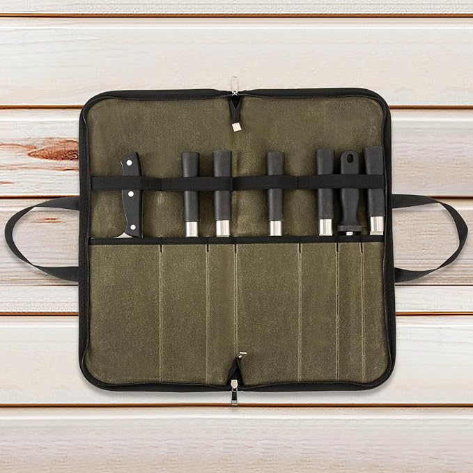 Knife Roll,Knife Bag with 7 Slots,Heavy Duty Waxed Canvas knife Case,Portable Chef Knife Roll Bag For Kitchen Cooking.Cutlery Knives Holders Protectors,Chef Knife Carrying Case For Travel & Camping
