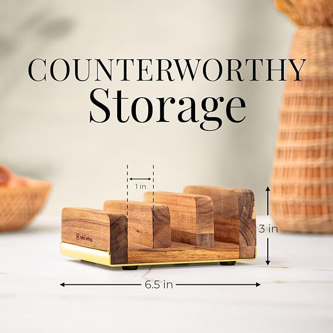 STYLED SETTINGS Cutting Board Organizer – Acacia Wood Stand with Gold Stainless Steel Base, Kitchen Holder Rack for Cabinet or Countertop Storage - Holds Three Boards for Easy Storage