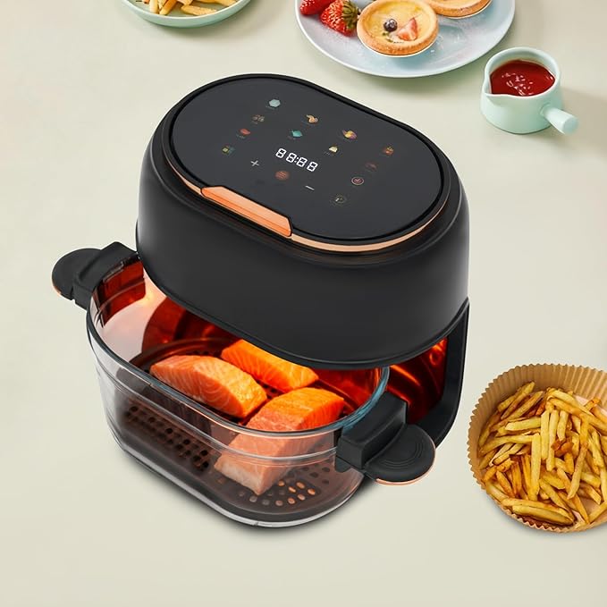 banborba Air Fryer, 900W 4.23QT Glass Air Fryer, Smart Compact Airfryer with Digital Display, 140℉-374℉ Adjustable Temperature, 120 Min Timer, for Cakes, Chicken Wings, Fish, Meat, Shrimp, Vegetables