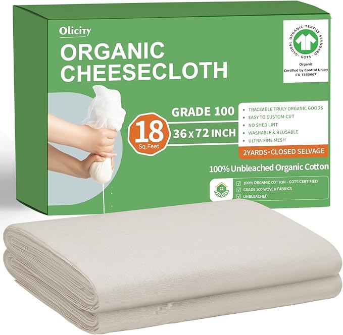Organic Cheese Cloths, GOTS Certified, Grade 100, 18 Sq Feet,Reusable Cheese Cloth with Closed Edges Fabric Fine Mesh Cloth,Unbleached Cotton Muslin Cheesecloth for Straining, Juicing,Crafts - 2 Yards