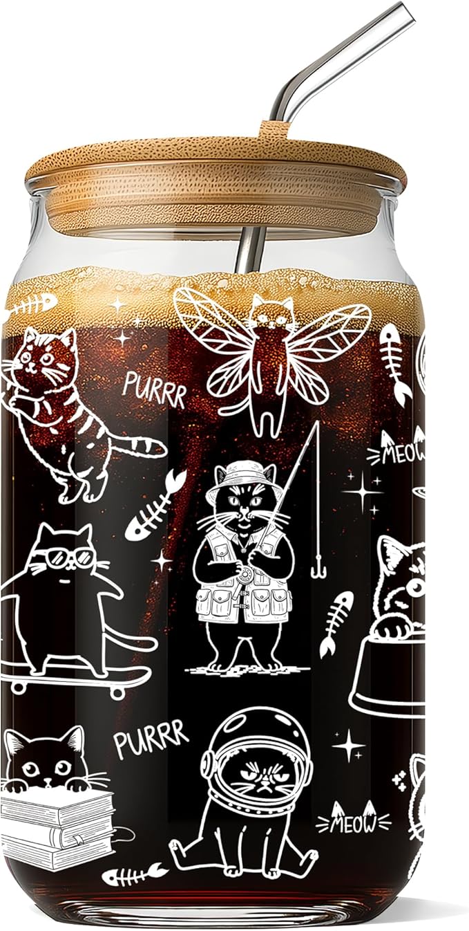Funny Cat Glass Cups with Lids and Straws for Cat Lover Women Girl Cool Cats Lovers Iced Coffee Cup Cute Decor Stuff Accessories Christmas Birthday Valentine Gift for Mom Daughter Bestie 16 Oz