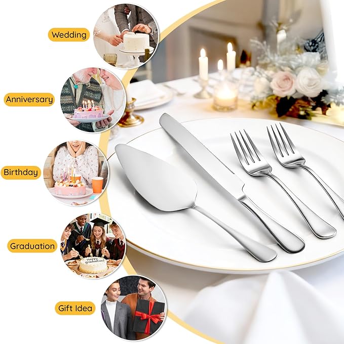 Suream Cake Cutting Set for Wedding, 11 Inch Silver Stainless Steel Pie Spatula, Pie Cutter and Server for Party, Birthday, Kitchen, Anniversary, Christmas(4PCS）