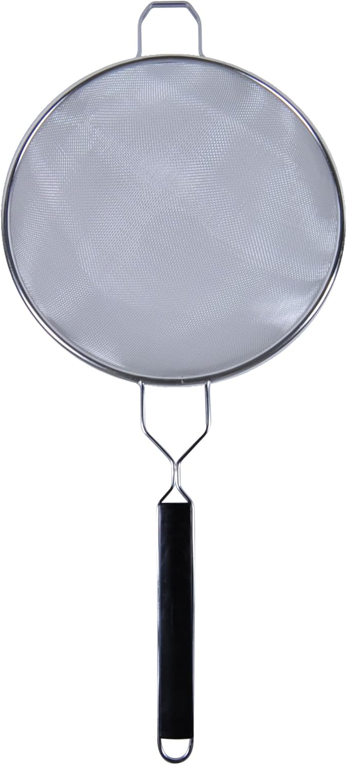 TrueCraftware- 10-Inch Double Medium Mesh Strainer Stainless Steel 10-3/4" Handle Length Black Plastic Handle- Kitchen Utensil Food Strainer Skimmer Spoon for Cooking Sieve Sifters Pasta Fruits