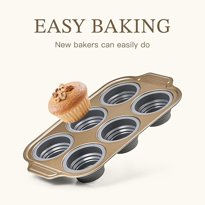 LCKitchen 2-Pack Silicone Foldable Baking Pans With Metal Reinforced Frame Nonstick 6 Cups for Baking Muffins, Egg Bites, Brownies, Puddings, Dishwasher Safe BPA Free