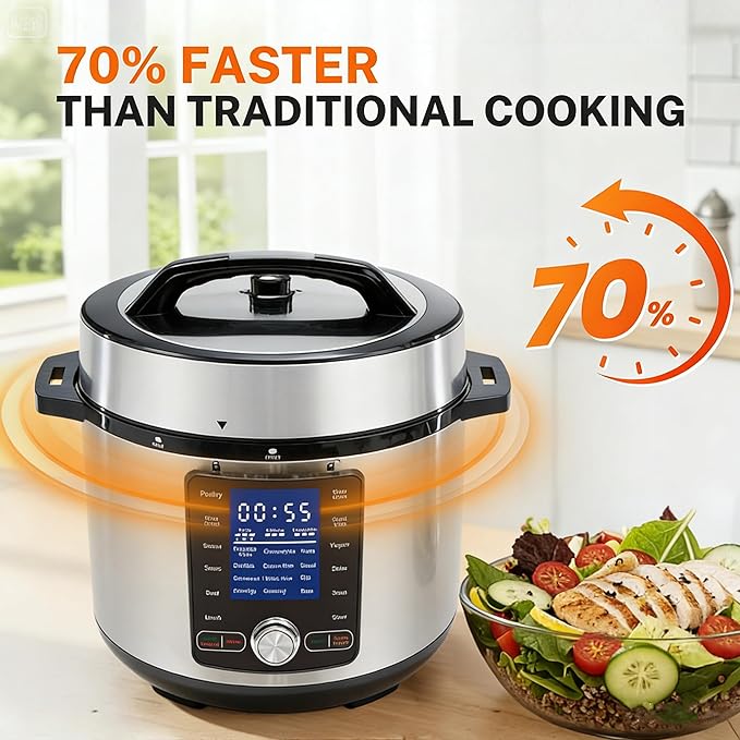 Simple Deluxe Electric Pressure Cooker 6.3 Quart, 24-in-1 Stainless Steel & Non-Stick Multi Cooker for Slow Cooking, Yogurt, Steam, Rice, Poultry, Beef, Bake, Porridge, Dishwasher Safe, Silver