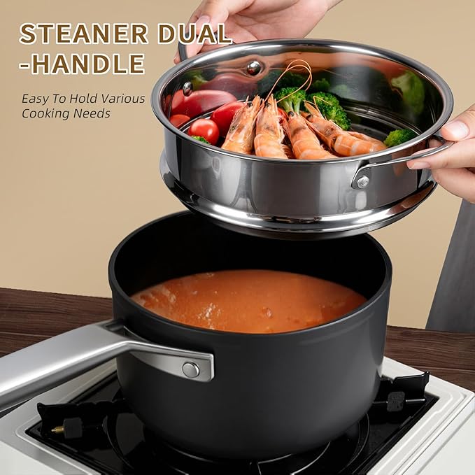 MSMK 2.5 Quart Saucepan with lid, Small Saucepan with Steamer Non stick, Induction, Scratch-resistant, Small Cooking Pot