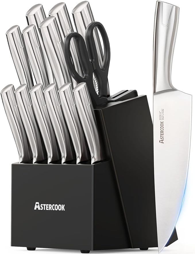 Astercook Knife Set Kitchen with Block and Sharpener Full Tang 15 Pcs Premium Stainless Steel Knives Dishwasher Safe Utensils Set with Ultra Sharp Blade and Anti-slip Ergonomic Handle, Elegant Black