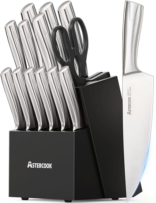 Astercook Knife Set Kitchen with Block and Sharpener Full Tang 15 Pcs Premium Stainless Steel Knives Dishwasher Safe Utensils Set with Ultra Sharp Blade and Anti-slip Ergonomic Handle, Elegant Black