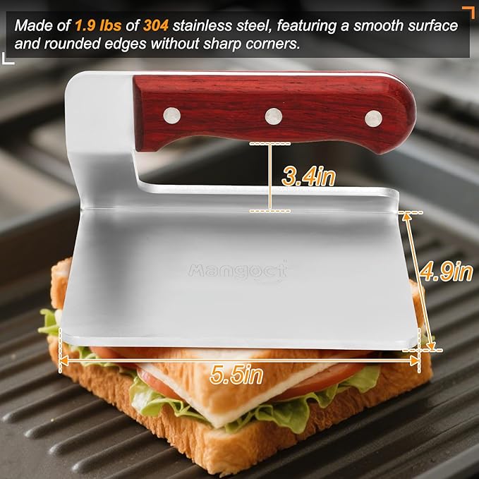 Smash Burger Press, 5.5 Inch -Heavy Duty Stainless Steel Burger Press Meat Steak with Wood Handle,Burger Tool for Smash Burgers, Bacon,Patty, BBQs and Tailgates
