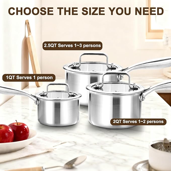 MOUTIUS 2.5 Quart Triple Stainless Steel Saucepan with Lid, Ramen Pot with Clear Glass Cover, Small Sauce Pan for Cooking Oatmeal, Induction-Ready, Dishwasher-Safe, Suitable for All Stoves