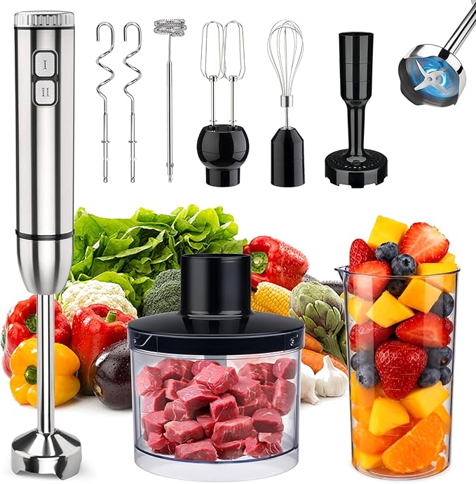YODHOSA Immersion 8 in 1 Hand Blender 25 Speed & Turbo Mode Handheld Blenders Electric Sitck Blender with Beaker Chopper Milk Frother Frother Grinder and Mixer