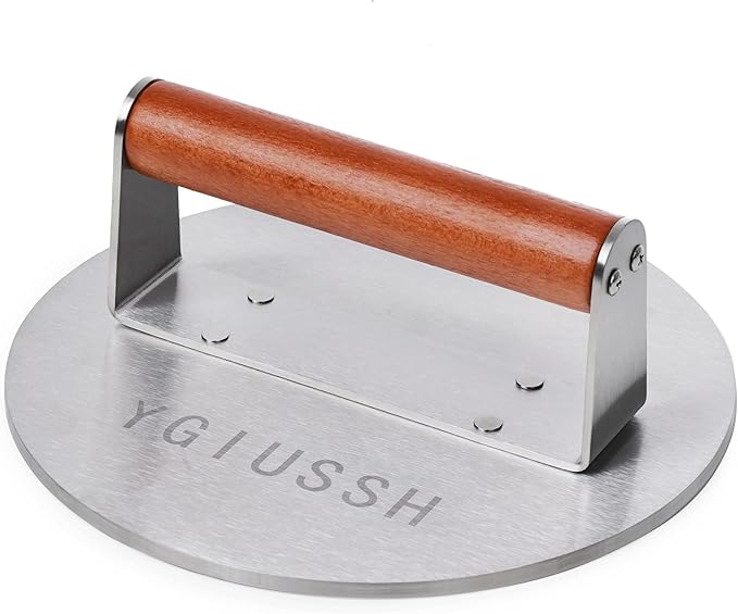 8.7 Inch Heavy-Duty Grill Press with Beech Wood Handle Stainless Steel Bacon Press Round Non-Stick Hamburger Press Weight Burger Smasher for Perfectly Seared Bacon Steak & Sandwiches
