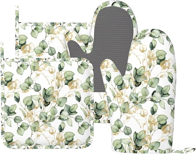 Gold Eucalyptus Branches Silicone Oven Mitts and Pot Holders Sets Green Leaves Kitchen Mitts Potholder Kitchen Accessories for Cooking Baking BBQ