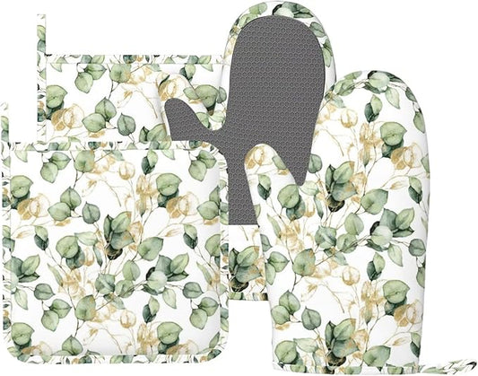 Gold Eucalyptus Branches Silicone Oven Mitts and Pot Holders Sets Green Leaves Kitchen Mitts Potholder Kitchen Accessories for Cooking Baking BBQ