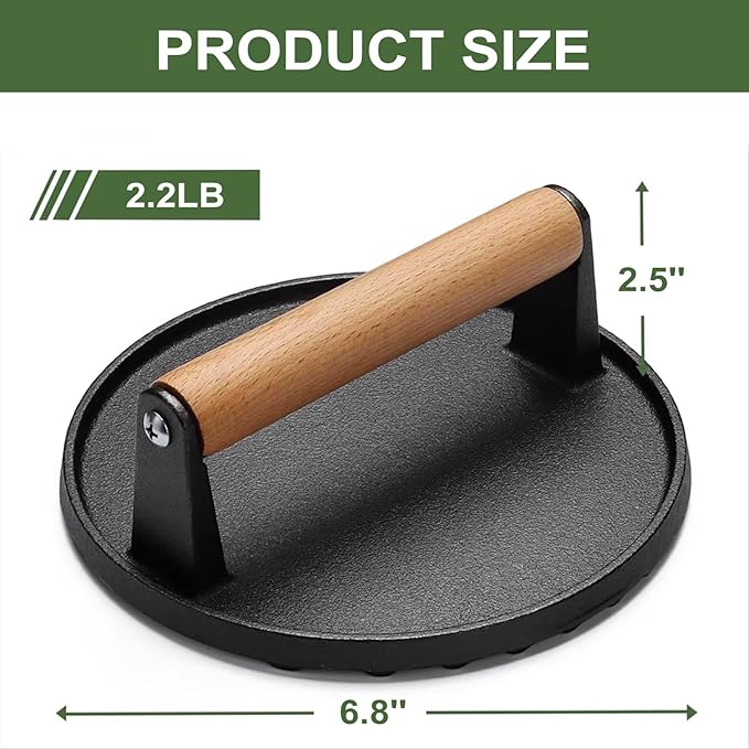 Iron Burger Press, 6.8'' Round Heavy-Duty Cast Iron Smash Bacon Press, with Non-Slip Wooden Handle, Grill Weight for Griddle, Sandwich, Nonstick Pan