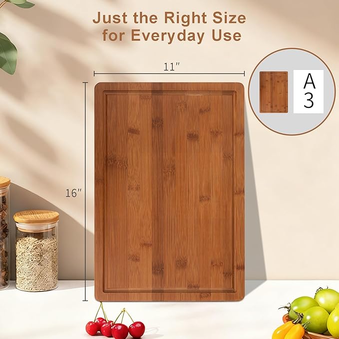 Tafopue Bamboo Cutting Board, Large Kitchen Chopping Board with Deep Juice Groove & Built-in Handle, Reversible Wooden Charcuterie Board and Serving Tray for Meat, Bread, Fruit, Daily Use, 16×11×0.6''
