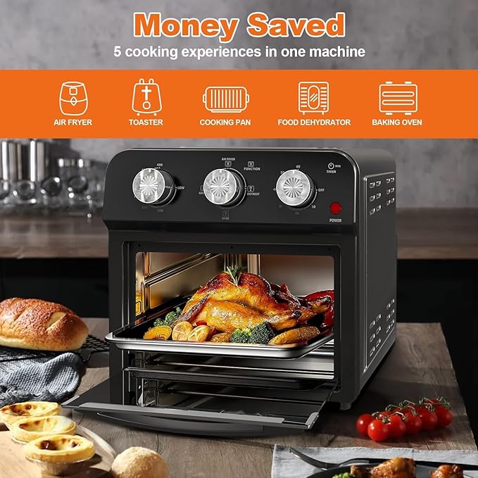 PlumChef 13 Quart 4 Slices Air Fryer Convection Toaster Oven for 3-4 Family, 1500W, Multifunction Oven for Air Fryer, Gril, Defrost, Bake, Time and Temperature Controls (Black)