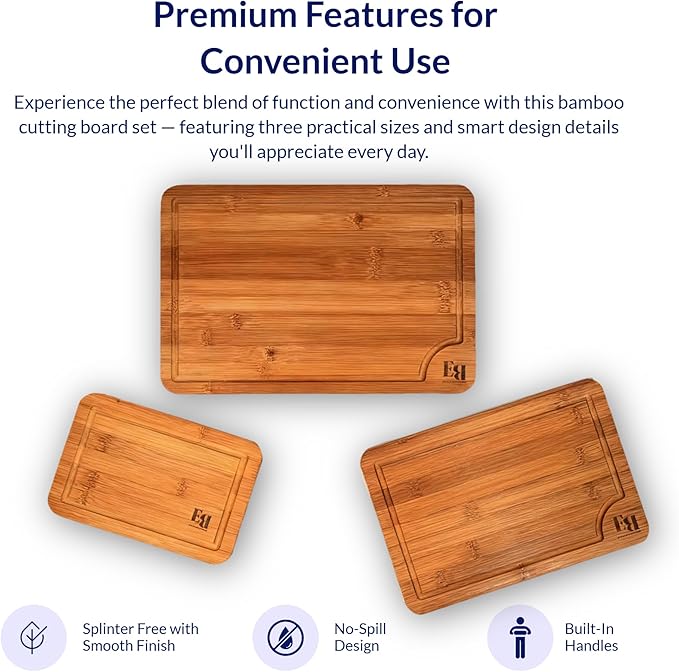 ELITE BLACKSMITH Bamboo Cutting Board Set of 3 – Crack Resistant, Eco-Friendly Cutting Boards with Deep Juice Grooves & Handles – Heavy-Duty Butcher Block for Meat, Charcuterie Board