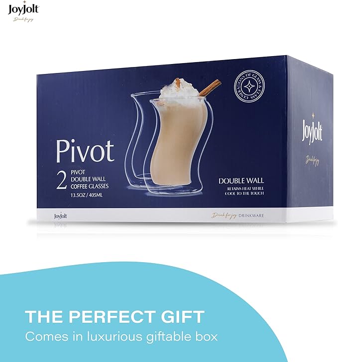 JoyJolt Pivot Double Insulated Tumblers - Set of 2 Exceptional 13.5 oz Iced Coffee Tumbler - Elegant Bar Glasses for Coffee, Tea, or Cold Beverages - 2 x 405 ml Iced Coffee Glasses for Hot Summers