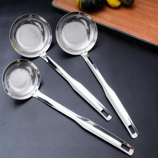 3Pack Fine Mesh Strainer, Metal Flat Skimmer Ladle Colander with Long Handle, Skimmer Cooking Basket for Kitchen food Strainer, Filtering Tea, Matcha, Cocktails, Juice (Small + Medium+ Large)