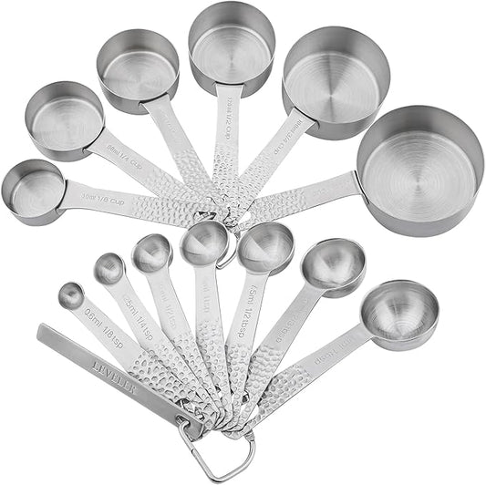 18/8 Stainless Steel Measuring Cups and Spoons Set 14 for Baking & Kitchen, Metric & US Metal 6 Measuring Cups and 7 Measuring Spoons with 1 Leveler