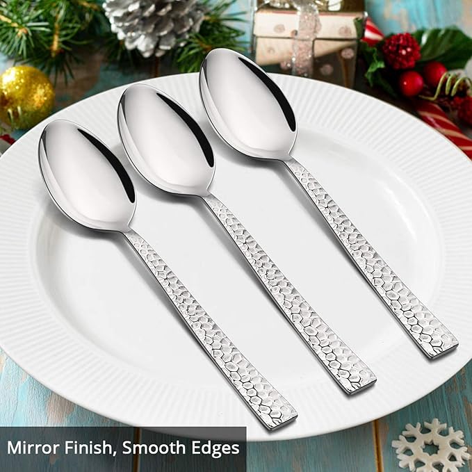 E-far Hammered Dinner Spoons Set of 6, 7.9 Inch Stainless Steel Soup Spoons Tablespoons for Home, Kitchen or Restaurant, Non-toxic & Mirror Polished, Squared Edge & Dishwasher Safe