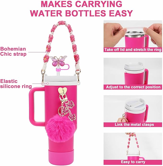 Accessories Set Including Water Bottle Handle Strap, Silicone Boot, Resin Butterfly Straw Cover, Straw Topper, Lip Balm Sleeve, Butterfly & Hairball Charms for Stanley Cup Tumbler