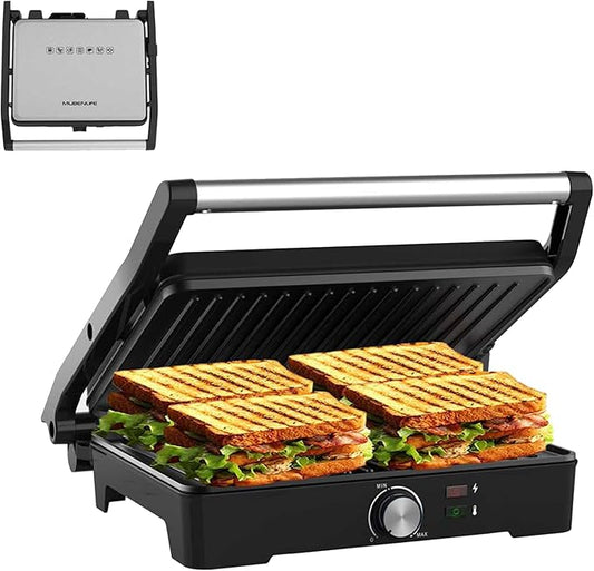 Panini Press,Sandwich Press Grill,180 Degree Open,Perfect for Grilling Sandwich,Steak,Burger,Non-Stick Grill,Table Grill,Stainless Steel,Temperature Adjustable,4 Slice,Barbecue,GT49A