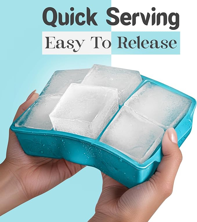 KitchFort Large Silicone Ice Cube Tray (2-Pack), Easy Release 2" Big Ice Cubes - Cocktail, Whiskey Ice Cubes Mold - Ice Trays for Freezer with Lid - Stackable Silicone Ice Tray - Turquoise
