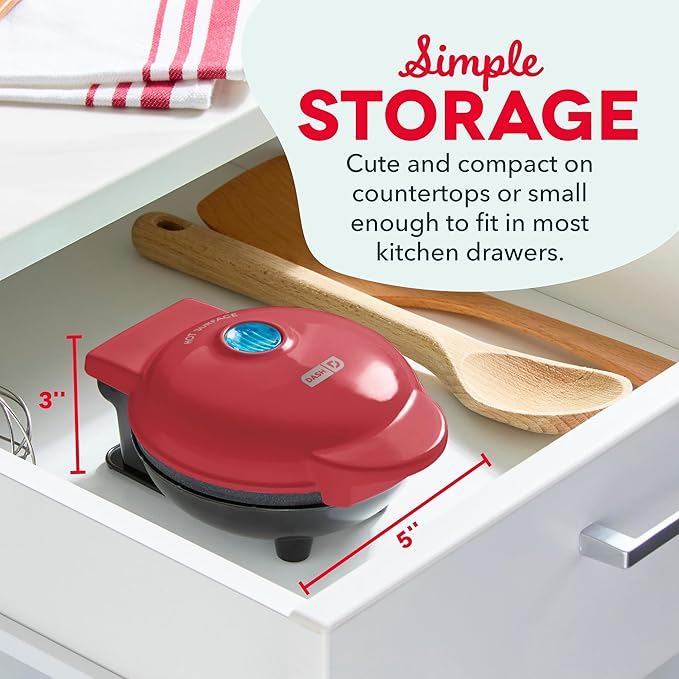 Dash Mini Waffle Maker- Compact Electric Iron for Creative Homemade Treats - Nonstick Surface - Easy-to-Clean - Perfect for Kids & Families - Red