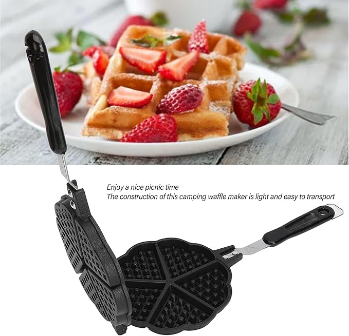 Sweetheart Waffle Maker Pan, Without Stick Cast Aluminum Stovetop Waffle Iron with Five 3.5in Cavities, Portable Heart Shaped Mini Waffle Maker, Black, 5.9In